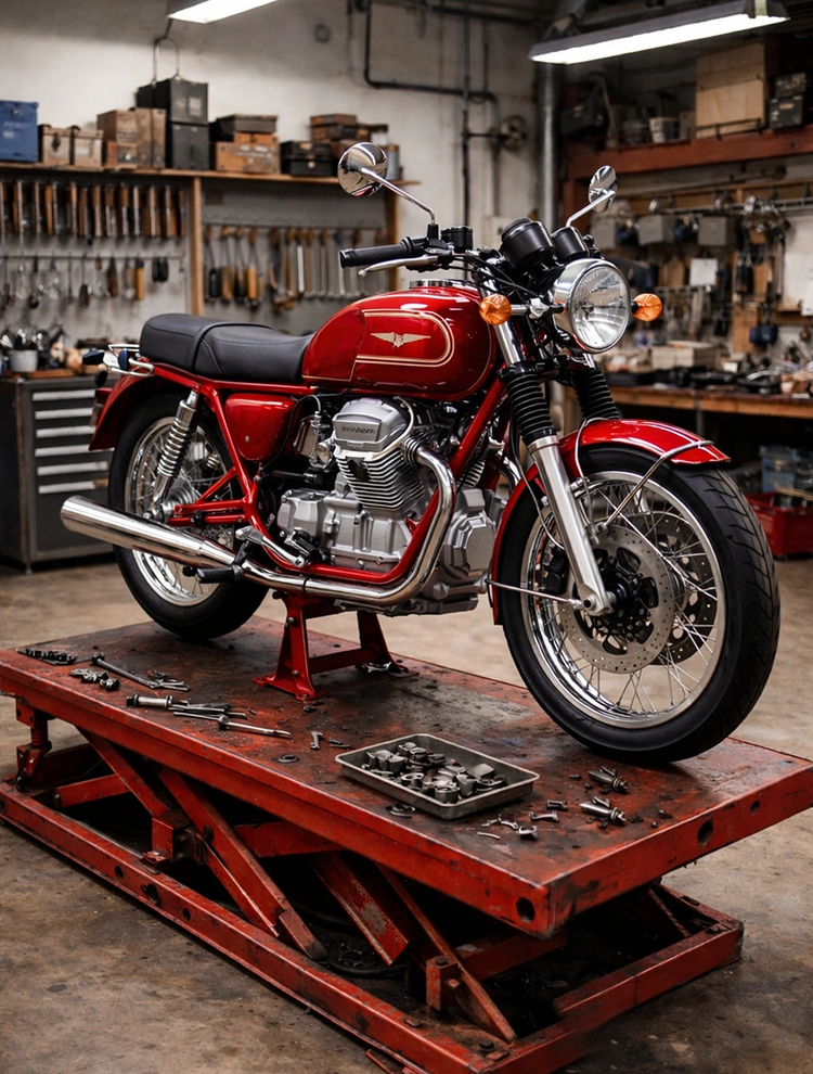 Restauriertes klassisches Motorrad nach technischer und optischer Restauration in der Werkstatt