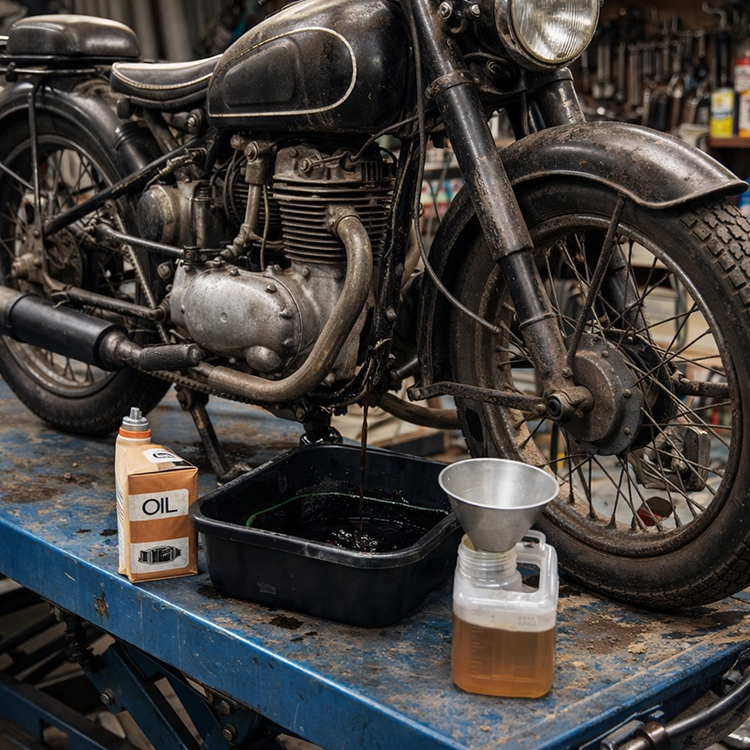 Ölwechsel und Wartungsarbeiten an einem klassischen Motorrad in der Motorradwerkstatt