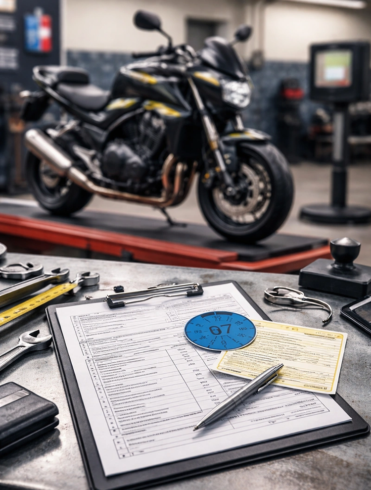 Vorbereitung eines Motorrads auf die Hauptuntersuchung mit TÜV-Unterlagen in der Werkstatt