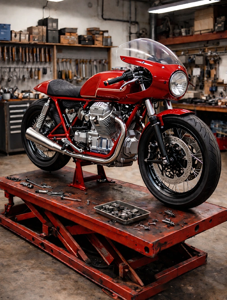 Individuell umgebautes Motorrad mit Sonderanfertigungen und Zubehörteilen in der Werkstatt