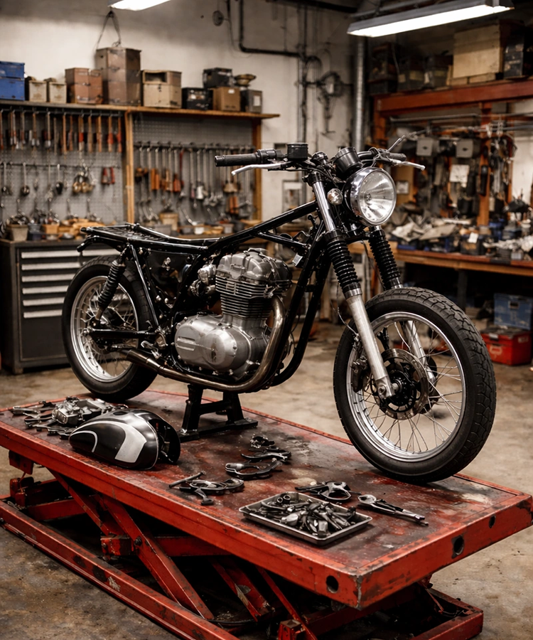 Motorrad auf der Hebebühne in einer spezialisierten Motorradwerkstatt während umfassender Reparaturarbeiten
