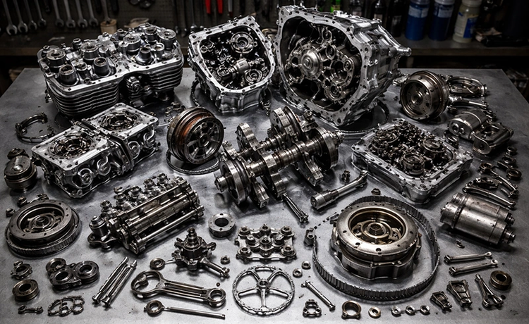 Zerlegte Motorbauteile eines Motorrads auf der Werkbank während einer professionellen Motorrevision